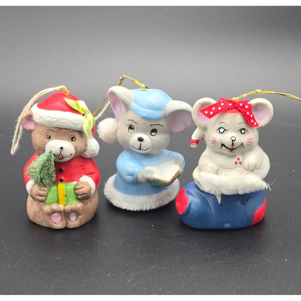 Vintage 1986 Draftco Ceramic Christmas Bell Ornaments Bear Mouse Set of 3